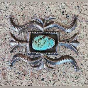Vintage Navajo Silver & Turquoise Native American Belt Buckle $495